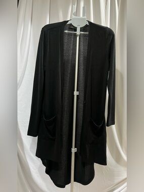 Black Open-Front Long Cardigan with Pockets